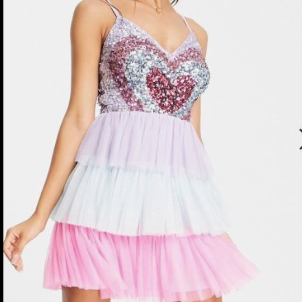 Pastel Heart Sequin Tiered Mini Dress